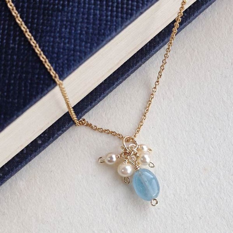 14kgf aquamarine and vintage glass pearl necklace collage [ii-479] - Necklaces - Gemstone Blue
