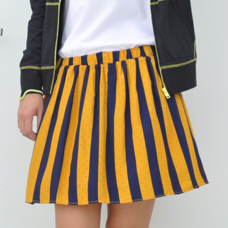 Vintage wide striped elastic waist short skirt straight high waist round skirt half skirt-yellow and blue stripes - Skirts - Cotton & Hemp Yellow