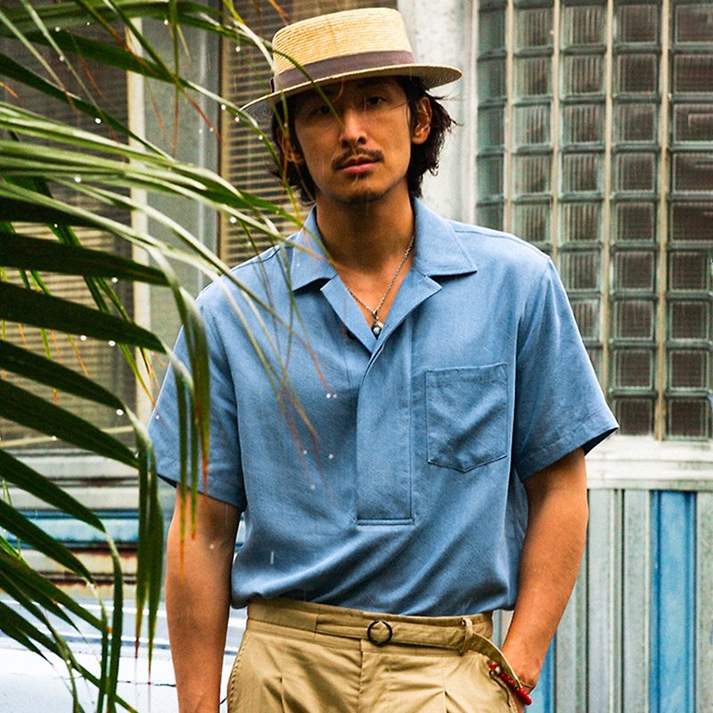 SOARIN Independent Retro Tencel Cuban collar Dark Button Plain Casual Shirt-Blue Short Sleeve(222C667) - Men's Shirts - Other Man-Made Fibers Blue