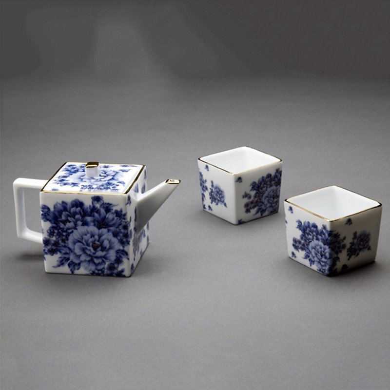 Blue and white square printed pot set 2079-00000004 - ถ้วย - ดินเผา 