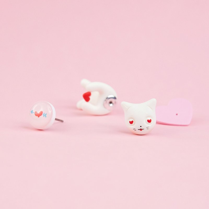 バレンタインスペシャル|ホワイトキャットイヤリング-猫好きのためのポリマークレイジュエリー - ピアス・イヤリング - 粘土 ホワイト