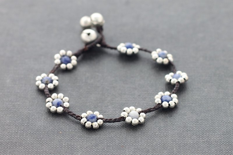 Woven Bracelets Daisy Sodalite Sodalite Silver Beaded Bracelet flower Boho - สร้อยข้อมือ - เครื่องประดับพลอย สีน้ำเงิน