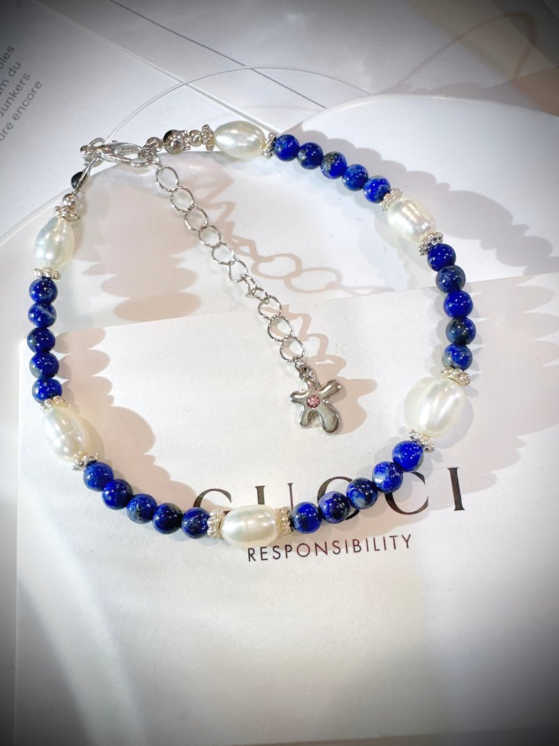 C&W 天然ラピスラズリ 日本産淡水レインボーパール オーバル型 S925純銀ブレスレット - ブレスレット - 真珠 ブルー