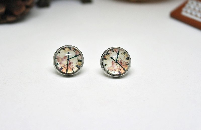 Time Gemstone X Stainless Steel Pin Earrings <Flower Clock> - Earrings & Clip-ons - Stainless Steel Pink