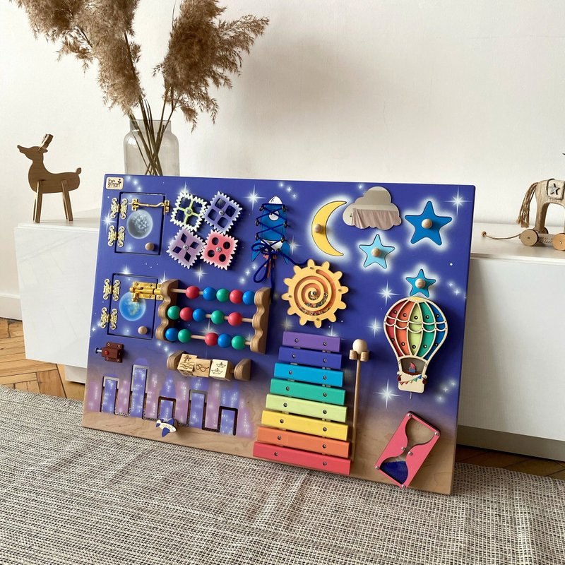 Activity board for toddlers with night city, busy board toy, sensory board - Kids' Toys - Wood Multicolor