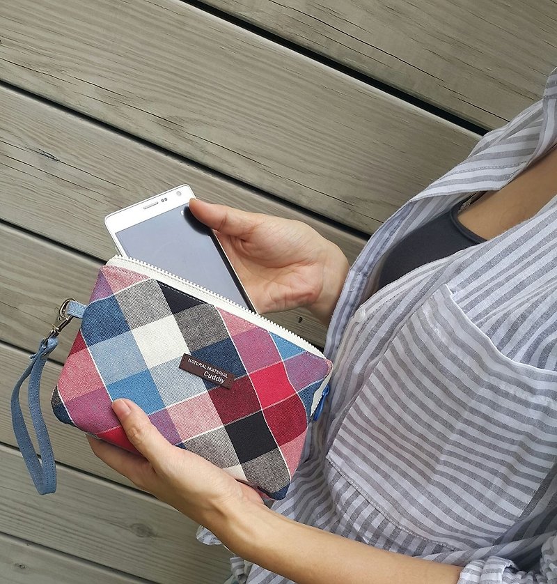 College style blue red and white checkered double zipper three-layer pretty small bag - Wallets - Cotton & Hemp Blue