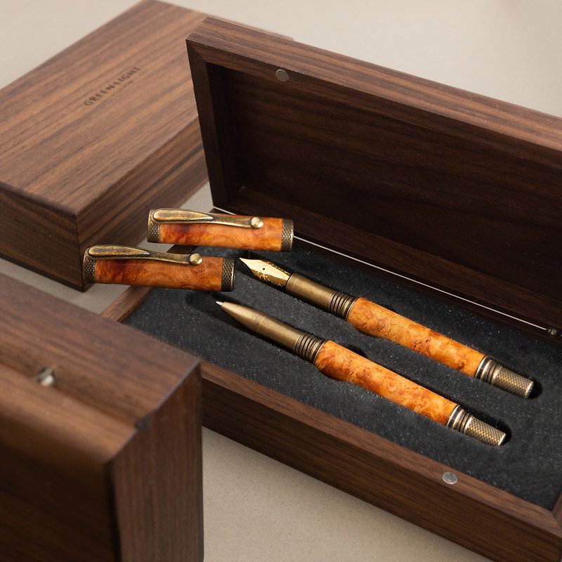 Solid Wood Fountain Pen Ball Pen | British style・Pair gift box・Laser engraving - Rollerball Pens - Wood Brown
