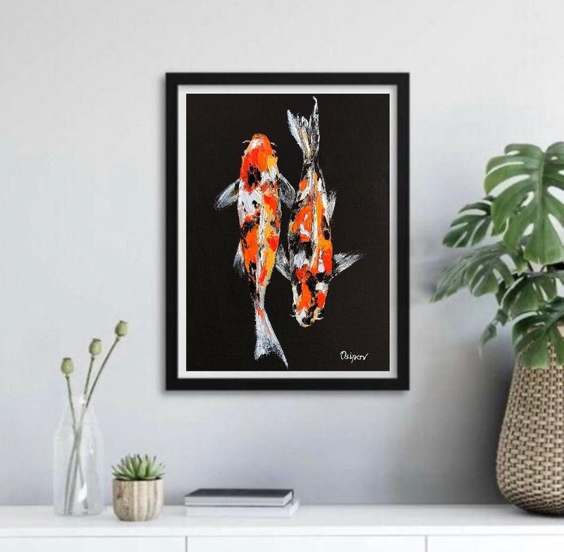 Original Oil Painting On Canvas Koi Fish Painting Rainbow Fish Impasto Artwork - 壁貼/牆壁裝飾 - 棉．麻 多色