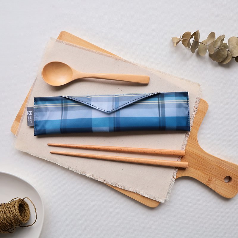 [US-Japan Bag] Cutlery Bag-Dark Blue Plaid (with log cutlery)