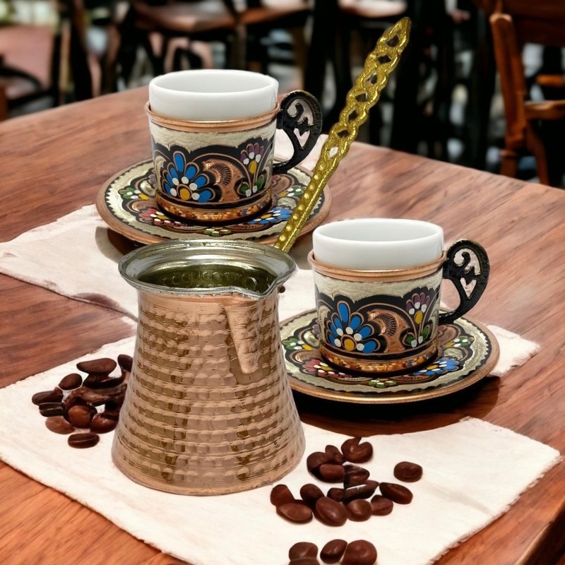 SOLO European Home - Turkish handmade Bronze 2 cups and 1 pot (plus Turkish coffee powder) - Coffee Pots & Accessories - Copper & Brass Brown