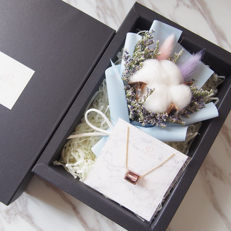 Mother's Day gift Goody Bag [warm bouquet gift set]: Mini dried bouquet (pink blue) + [Liulizhuzhuzhu necklace] - สร้อยคอ - โลหะ สีน้ำเงิน