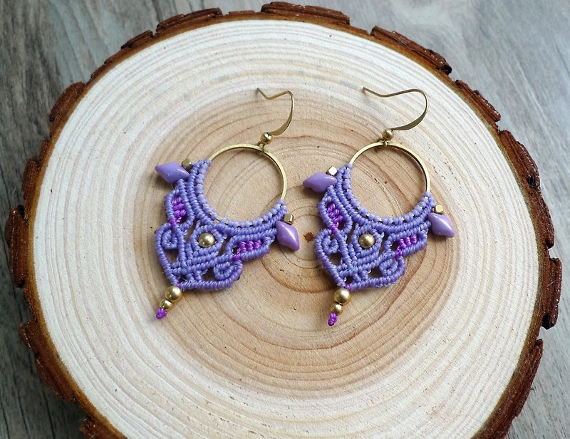 Misssheep A64 - macrame earrings with Czech beads, brass beads - Earrings & Clip-ons - Other Materials Purple
