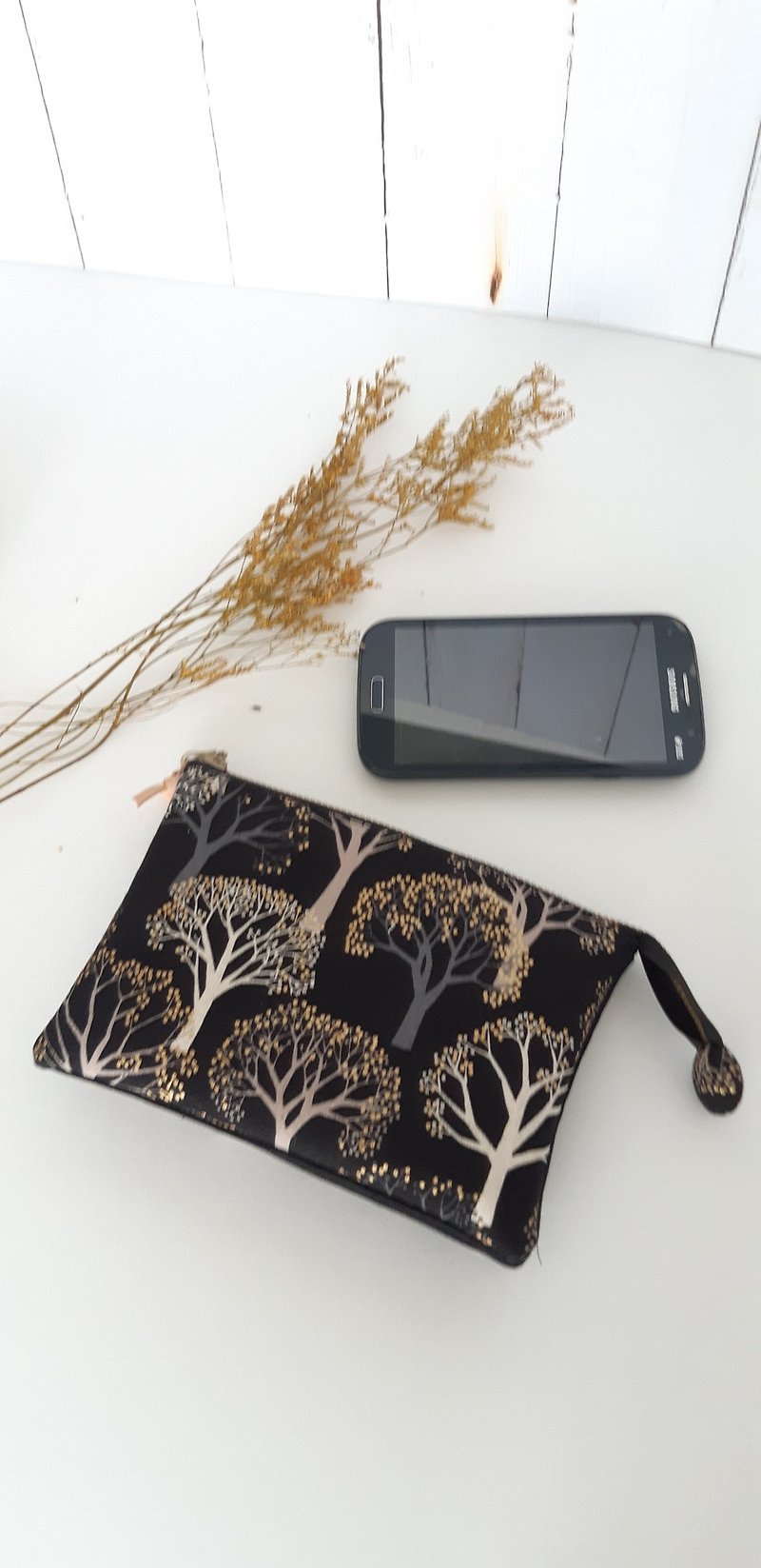 金色樹五層手拿包(可放手機)(可加購背帶)生日交換 畢業禮物 - 銀包 - 棉．麻 