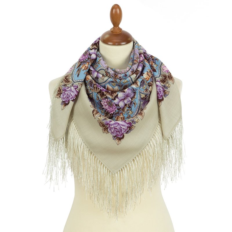 Authentic Pavlovo Posad Russian Shawl Scarf Soft 100% Wool 89x89 cm 1927-2 - 絲巾 - 羊毛 卡其色