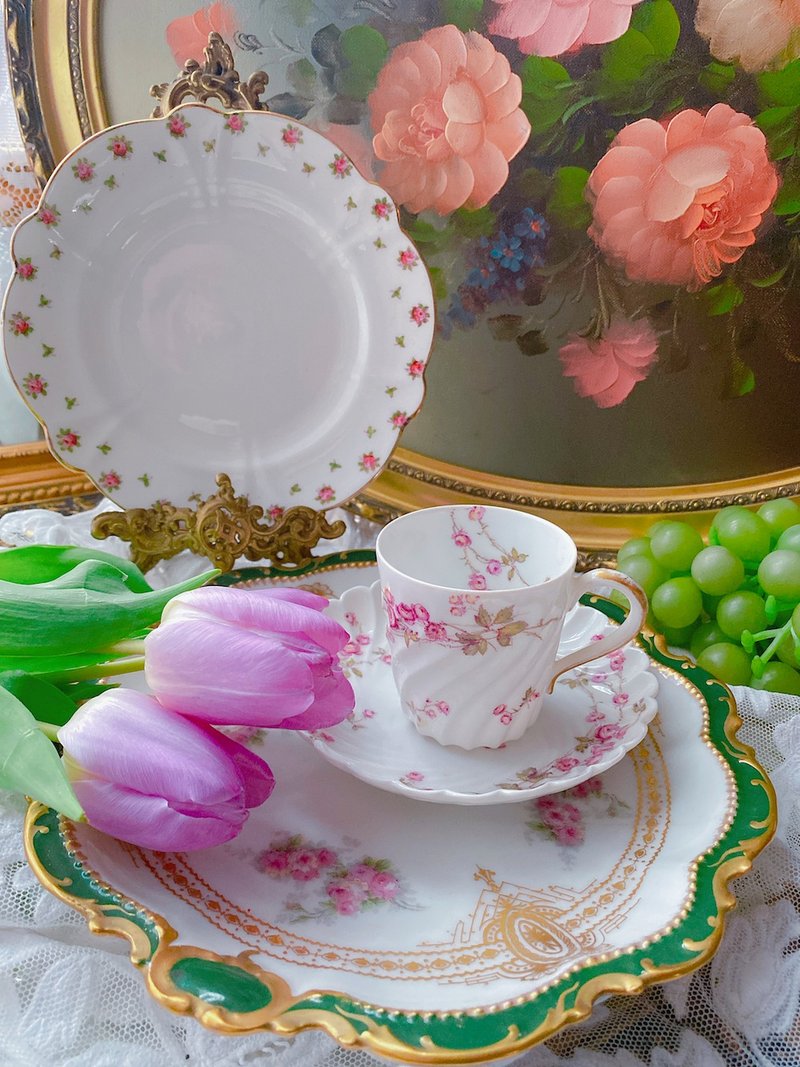 1900年法國Limoges 手繪玫瑰螺旋古董杯咖啡杯花茶杯值得收藏 - 茶壺/茶杯/茶具 - 瓷 粉紅色