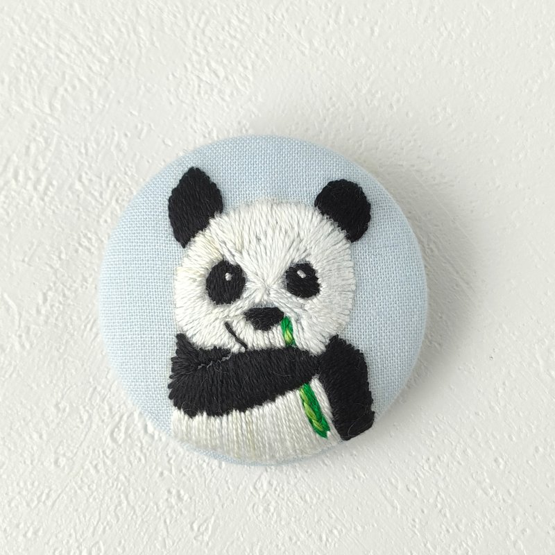 Nihilistic Panda Embroidery Brooch Panda - Brooches - Cotton & Hemp White