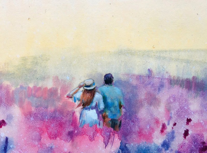 Lavender field painting Watercolor Small painting Tuscany Lavender Field Grass - ตกแต่งผนัง - กระดาษ สึชมพู
