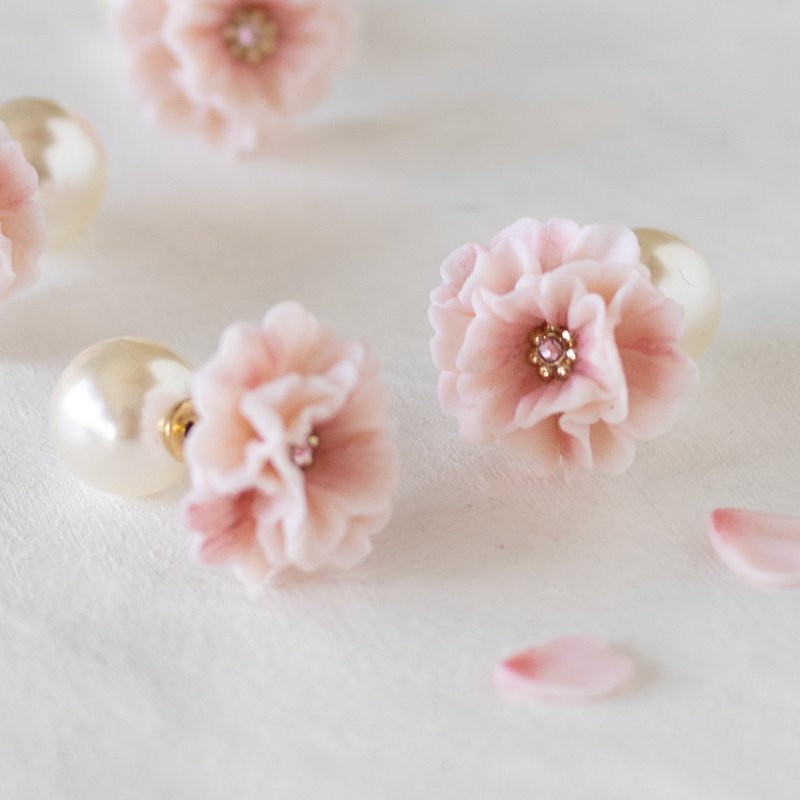 櫻花 珍珠 軟陶耳環 / 耳針 / 耳夾 - 耳環/耳夾 - 黏土 粉紅色