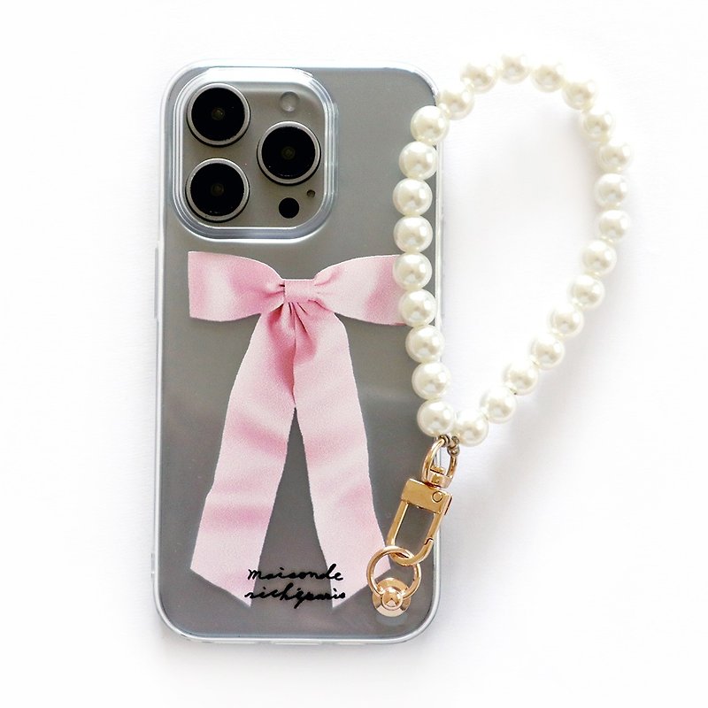 iPhone15/14/13/12 French powder bow transparent phone case (with pearl wrist chain) - Phone Cases - Plastic Pink