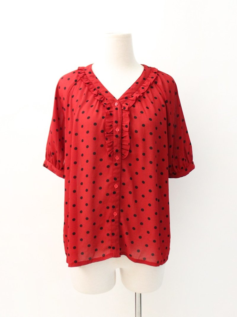 復古日本製甜美可愛紅色圓點點短袖古著襯衫 Vintage Blouse - 恤衫 - 聚酯纖維 紅色