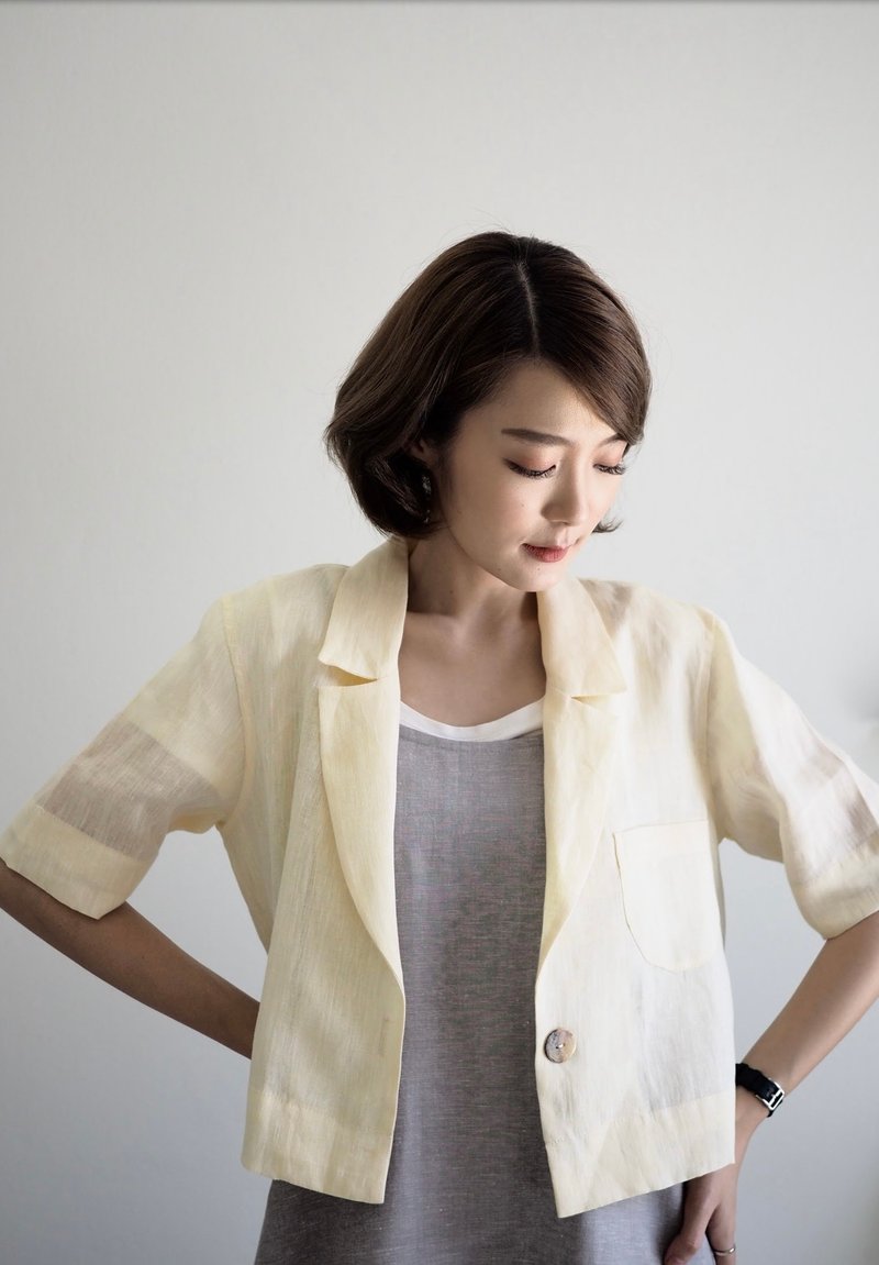 After The Rain Short Sleeve Blazer Linen Yellow Color - 女襯衫 - 棉．麻 黃色