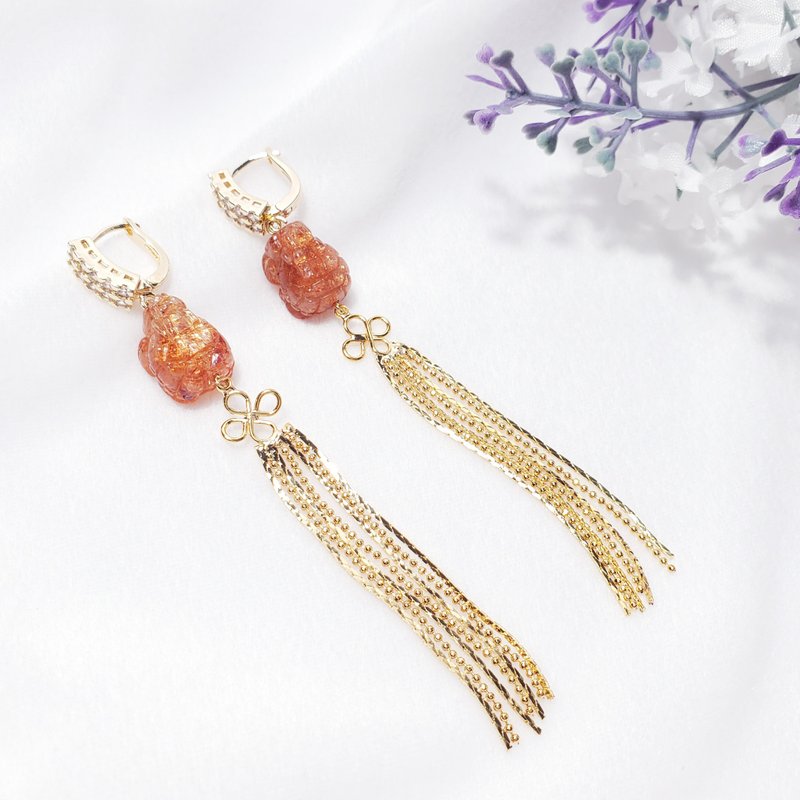 Natural top shining golden sun Stone turtle to attract wealth and help career, pray for luck, tassel earrings - ต่างหู - เครื่องเพชรพลอย สีส้ม