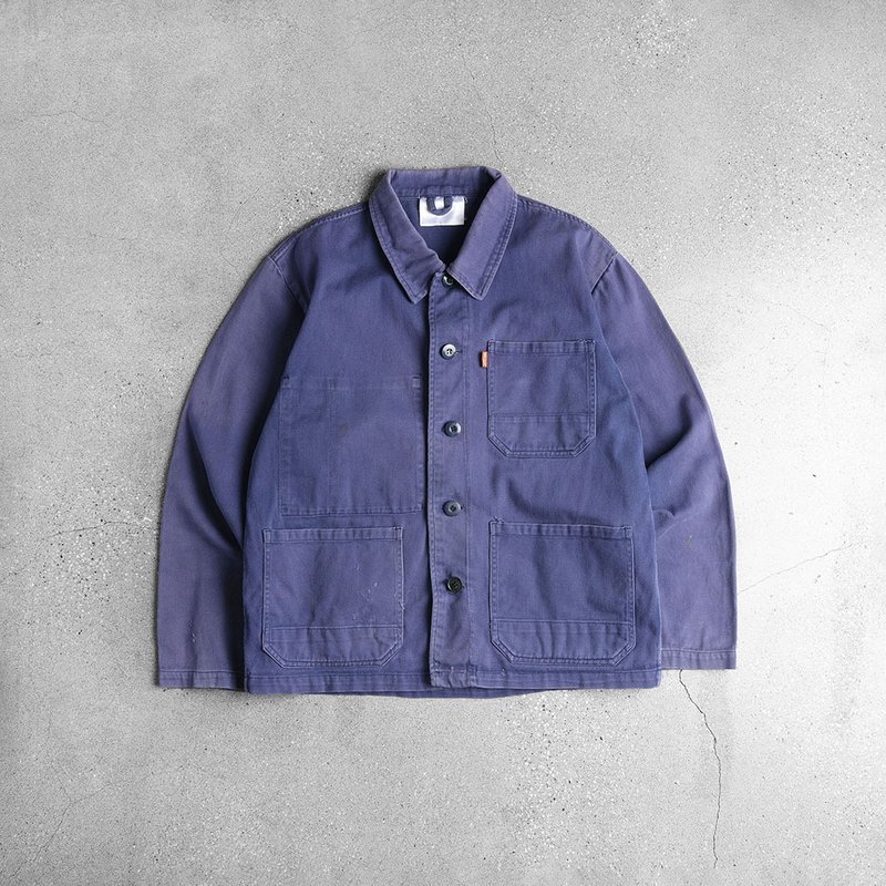 Europe Blue dyed work jacket - เสื้อโค้ทผู้ชาย - ผ้าฝ้าย/ผ้าลินิน สีน้ำเงิน