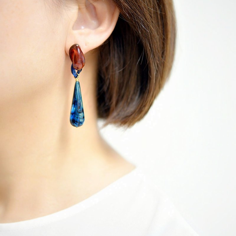 Autumn German made tortoiseshell marble and clear blue drop large earrings - ต่างหู - เครื่องเพชรพลอย สีน้ำเงิน