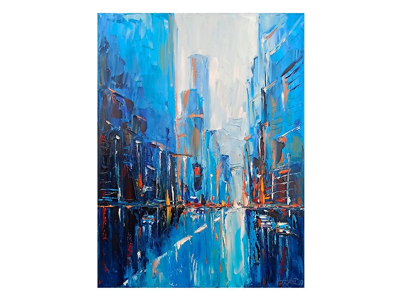 紐約市繪畫多雨城市牆壁藝術晚會城市原創藝術天際線藝術品帆布城 - 掛牆畫/海報 - 棉．麻 藍色