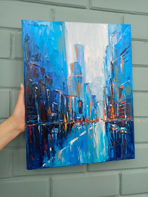 ニューヨーク市の絵画雨の街のウォールアートイブニング
