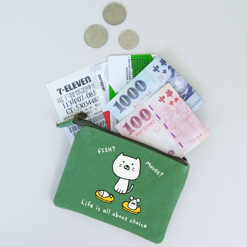 包子貓的為難選擇-多層收納零錢包 - 零錢包/小錢包 - 棉．麻 綠色