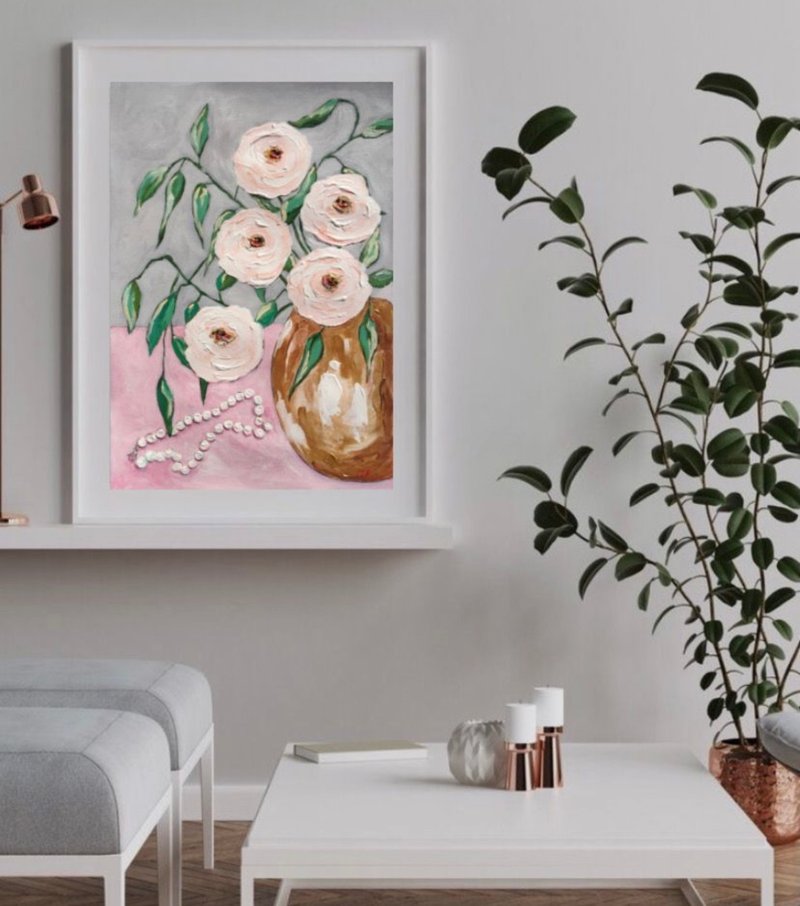 Still life with white flowers and pearls, Acrylic painting, Original art, Decor. - ตกแต่งผนัง - กระดาษ สึชมพู