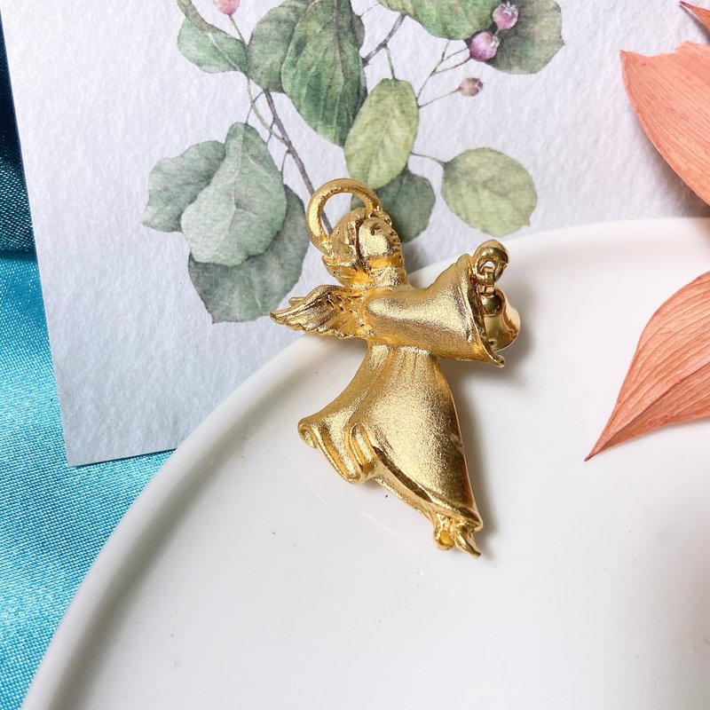【西洋古董飾品】沙金柔美搖鈴鐺的天使 可晃動 基督 別針 胸針 - 胸針 - 貴金屬 金色