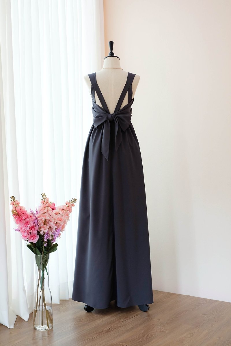 Dark gray bridesmaid maxi dress backless prom party evening dress - 晚裝/晚禮服  - 聚酯纖維 灰色