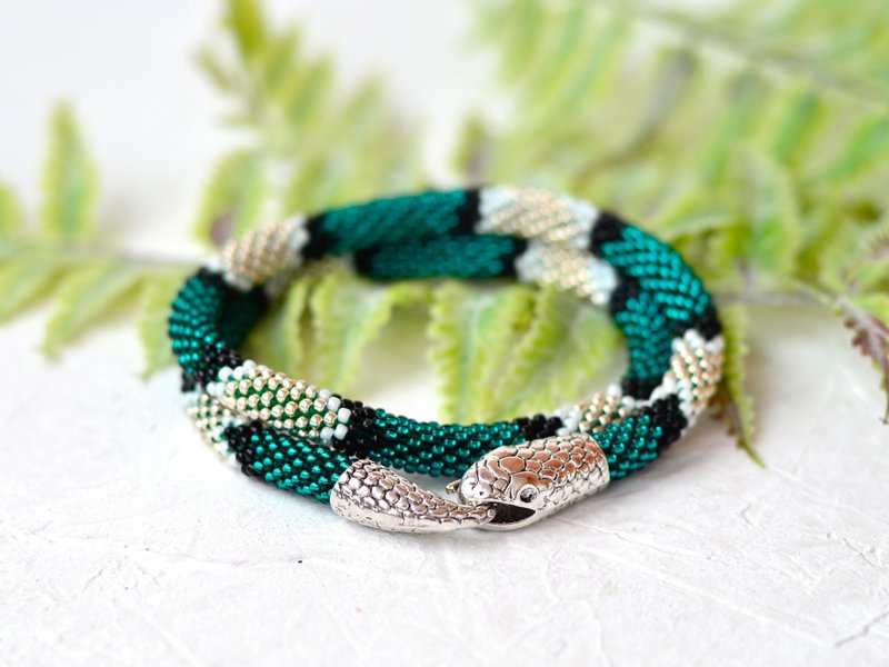 Dark turquoise necklace, Snake necklace, Serpent choker, Seed bead necklace - 項鍊 - 玻璃 綠色