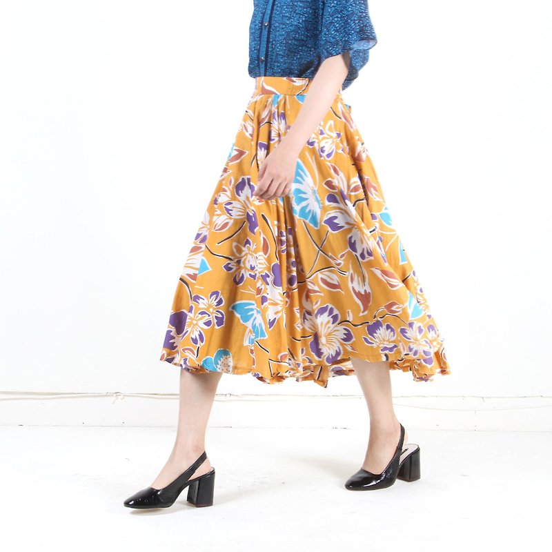 [Egg and Egg Plant] Nanguo Fuso Cotton Printed Vintage Dress - Skirts - Cotton & Hemp Orange