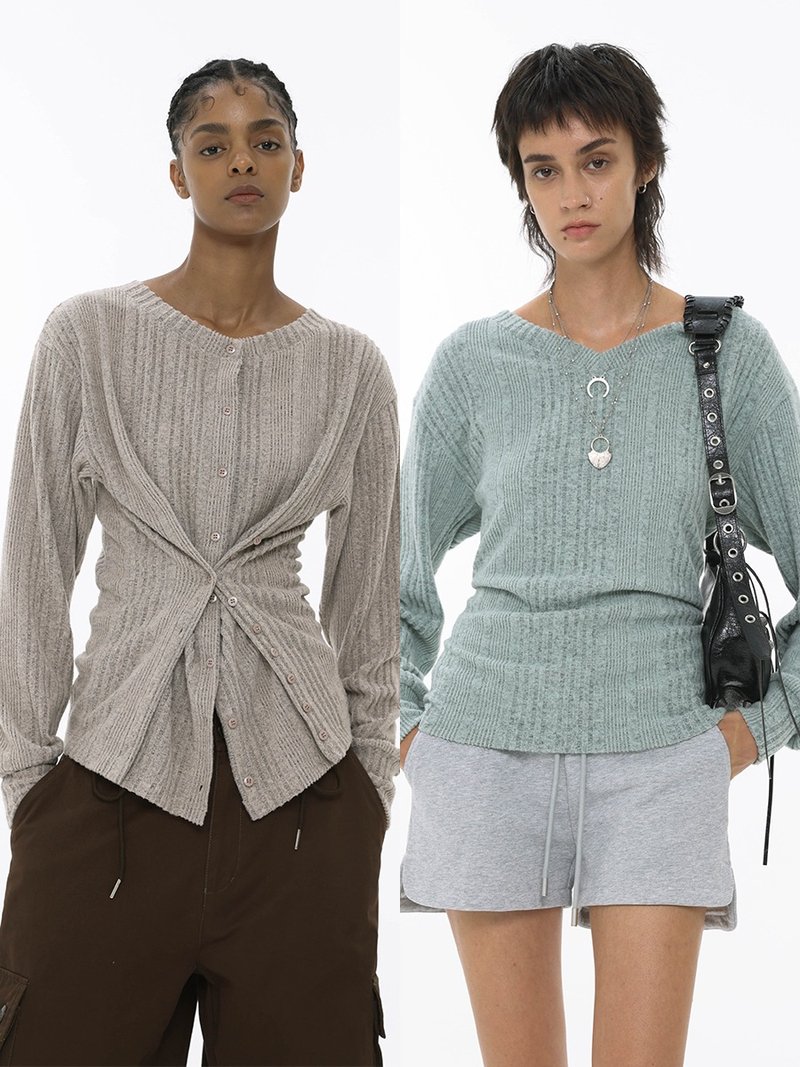 Unvesno(UN) 美拉德風春季RS抓毛坑條兩穿領型雙排調節扣位針織衫 - 女毛衣/針織衫 - 棉．麻 