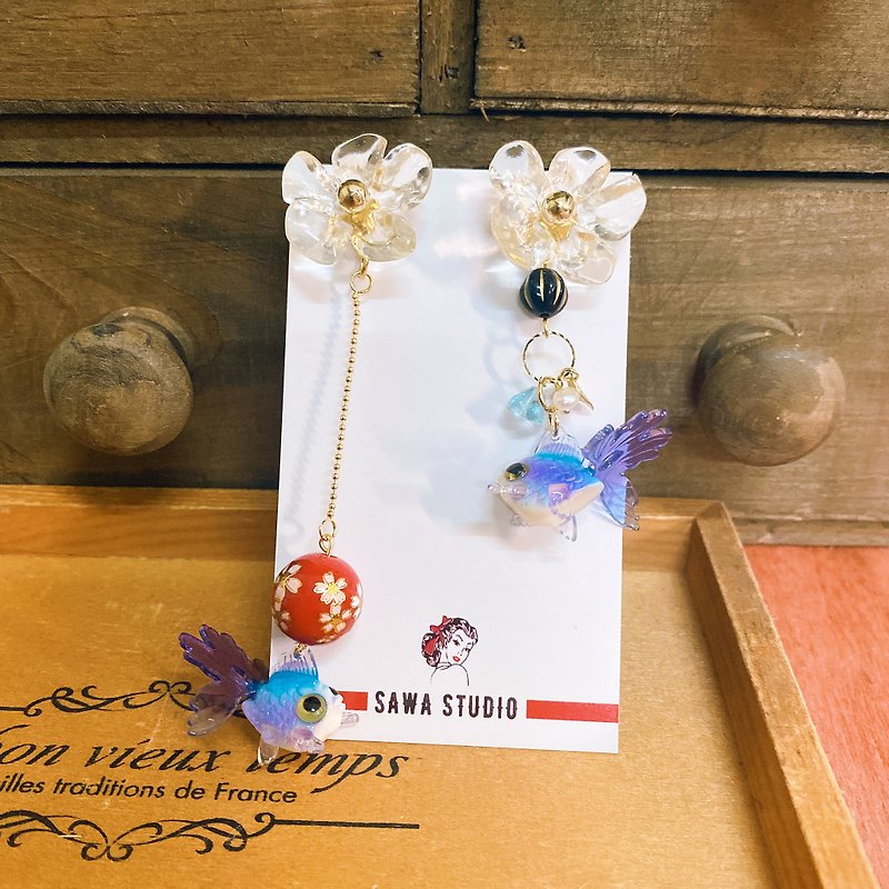 SaWa Japanese Festival Blue Goldfish Yukata as earrings/ Clip-On - Earrings & Clip-ons - Other Materials 