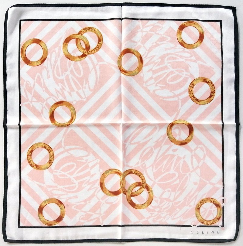 Celine 復古絲巾 - 金色交織圓環圖案 粉色 22.5 x 22.5 英吋 - 絲巾 - 棉．麻 粉紅色