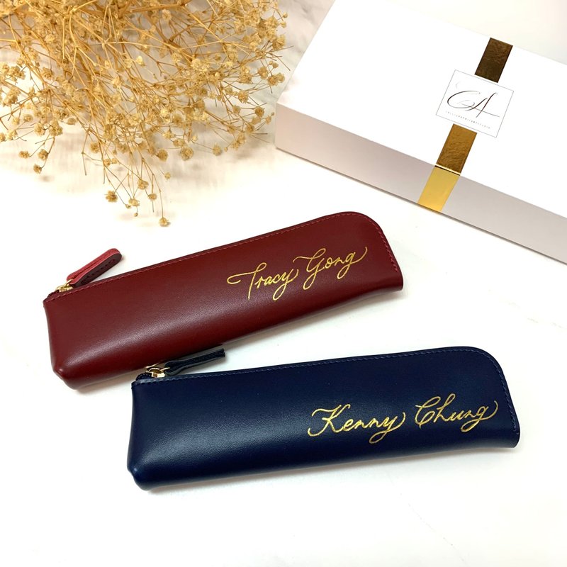 【客制】真皮 筆袋 酒紅色 / 深藍色 客製化 刻名  燙金名字 - 鉛筆盒/筆袋 - 真皮 黑色