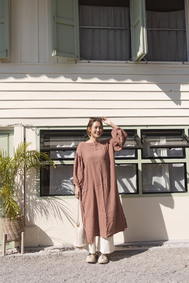 Cute sleeves round neck long dress_coral - One Piece Dresses - Cotton & Hemp Red