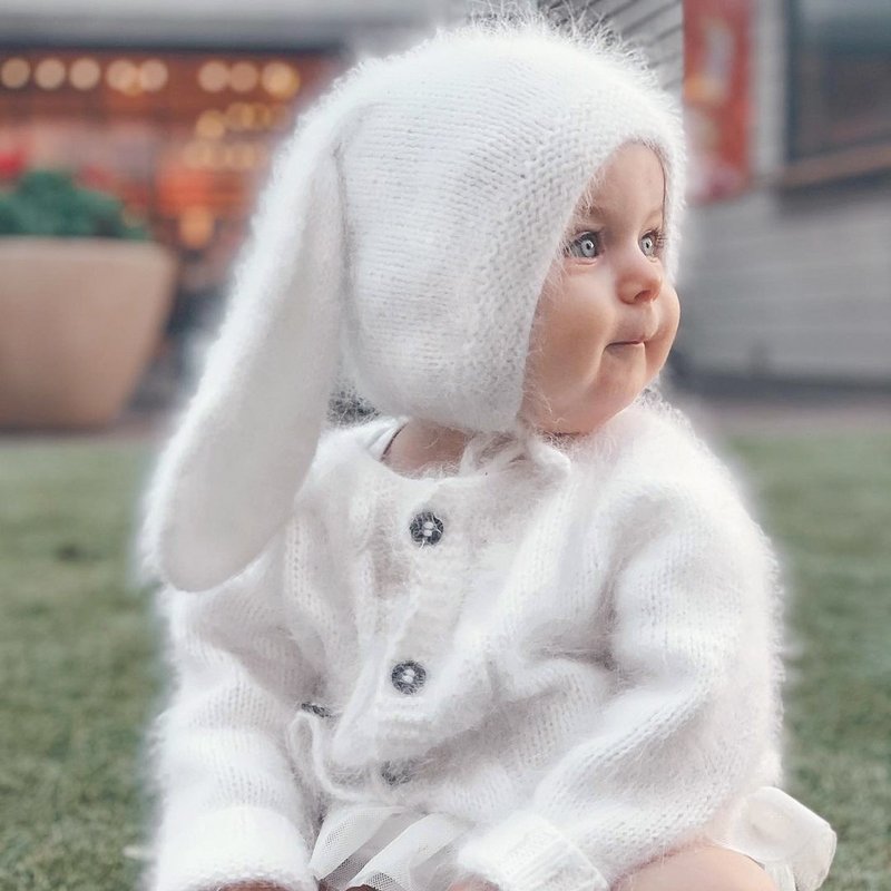 Baby bunny bonnet, Baby girl hat, Photo prop, Baby hat, Photo props, Baby gift - 嬰兒帽子/髮帶 - 羊毛 白色