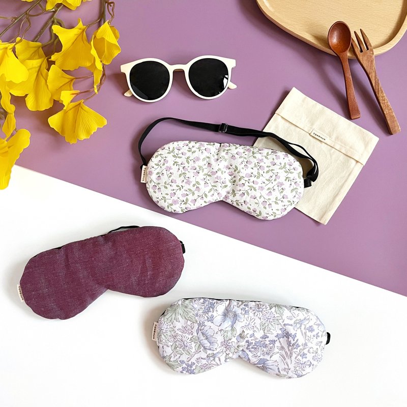 Handmade organic cotton eye mask with purple flowers and Japanese linen, adjustable length, with storage bag - Eye Masks - Cotton & Hemp Purple