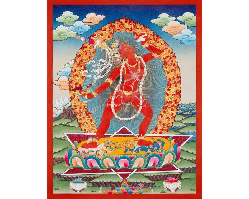 Vajrayogini Diamond Queen in Thangka Art embodies bliss & wisdom - Wall Décor - Other Metals Multicolor