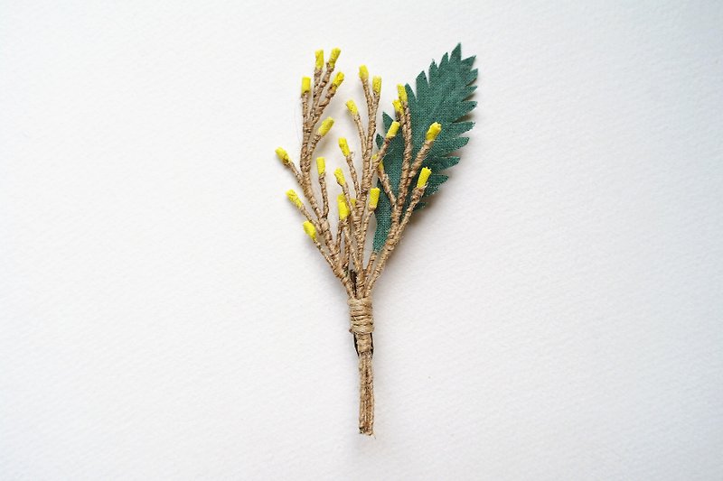 Vintage Little Flower Branches Mimosa Brooch - เข็มกลัด - ผ้าฝ้าย/ผ้าลินิน สีเหลือง