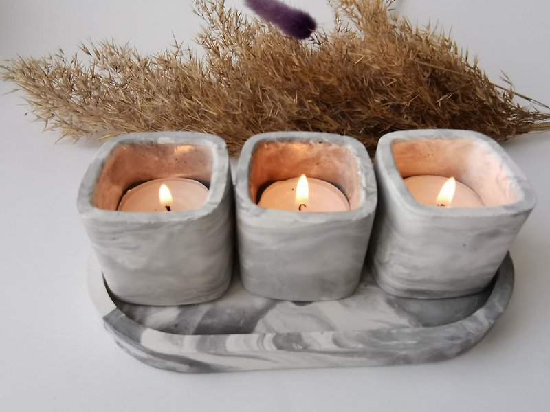 Set of 4 items. Stand, 3 pieces candle holder, plaster, handmade. - Shelves & Baskets - Eco-Friendly Materials Silver