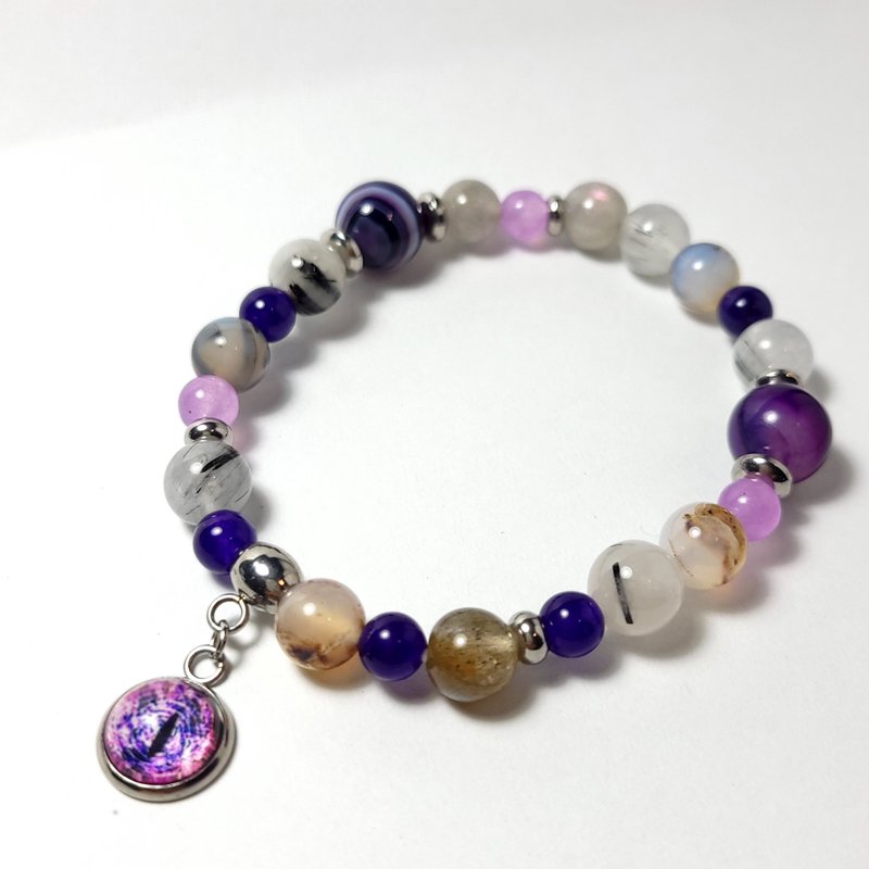 Single string 10mm cat eye vs super mix and match natural Stone bracelet gray-purple series - สร้อยข้อมือ - หิน สีม่วง