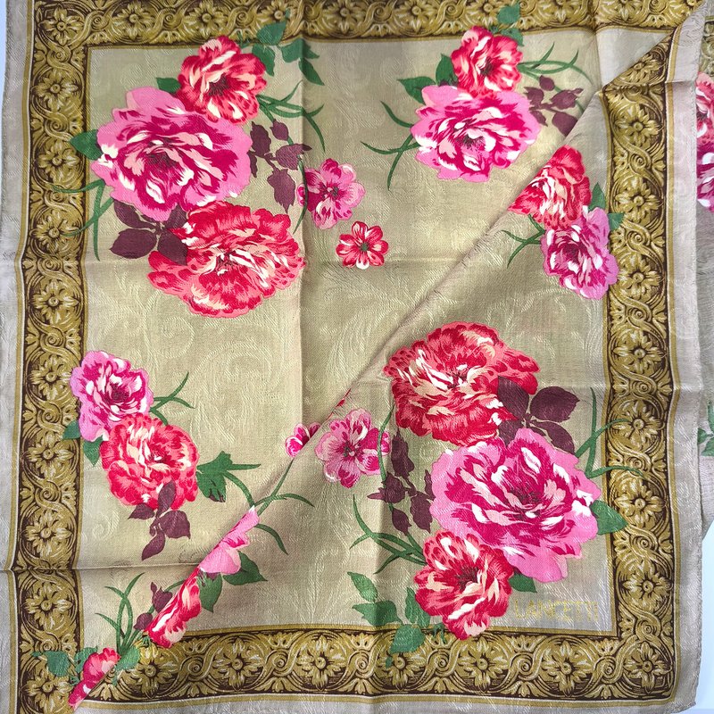 Lancel Vintage Scarf Ornate Floral Design 23 x 23 inches - 絲巾 - 棉．麻 卡其色
