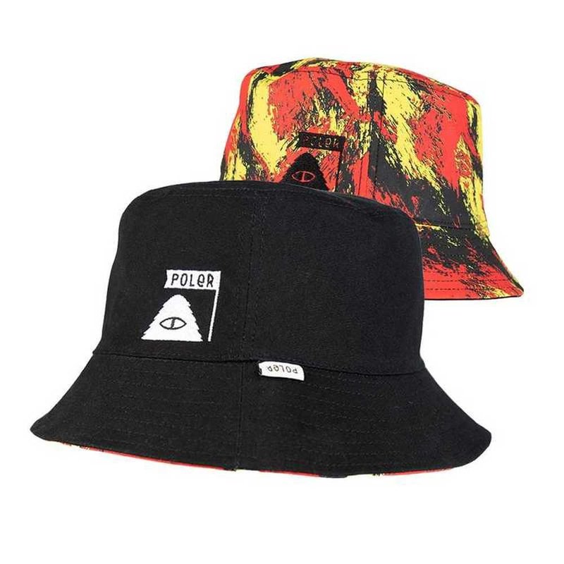 POLER X CK REVERSIBLE BUCKET HAT Washable double-sided bucket hat / printing. black - Hats & Caps - Other Materials Black