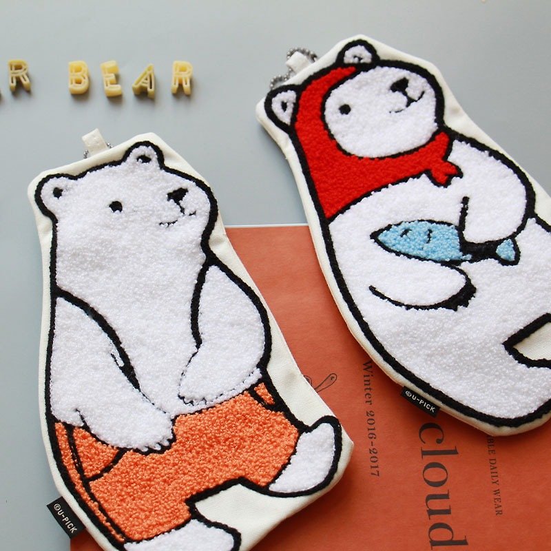 U-PICK original life creative polar bear towel embroidered storage bag pencil bag cosmetic bag - กระเป๋าเครื่องสำอาง - วัสดุอื่นๆ 